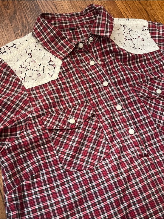 Women’s western Pearl snap plaid lace top shirt M - Picture 2 of 7